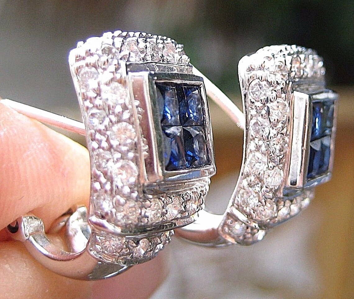 Vintage Estate Earrings Diamond & Sapphire 18k White Gold Omega Back