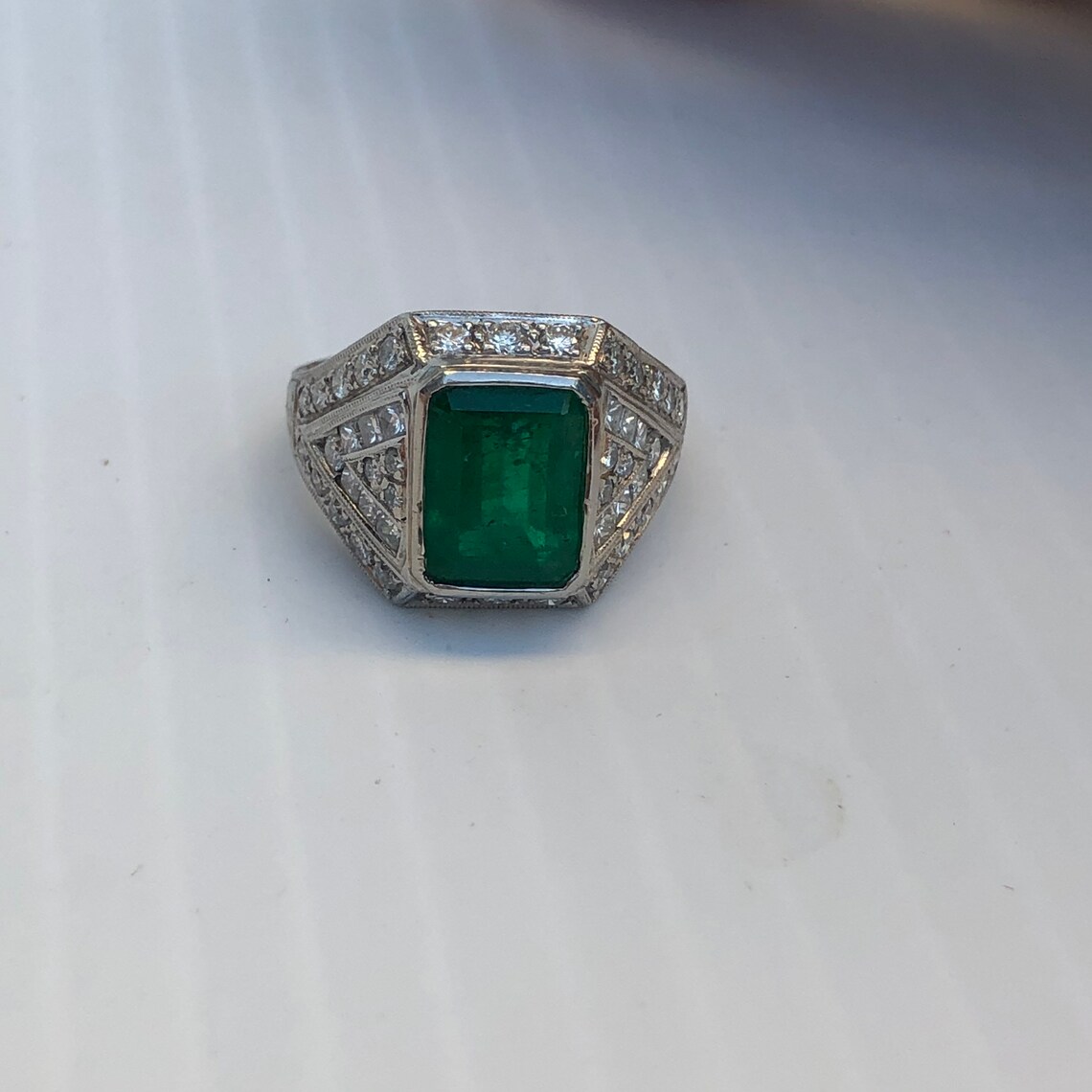 Vintage Ring  Emerald Cut Emerald  & Diamond  Platinum Size 7