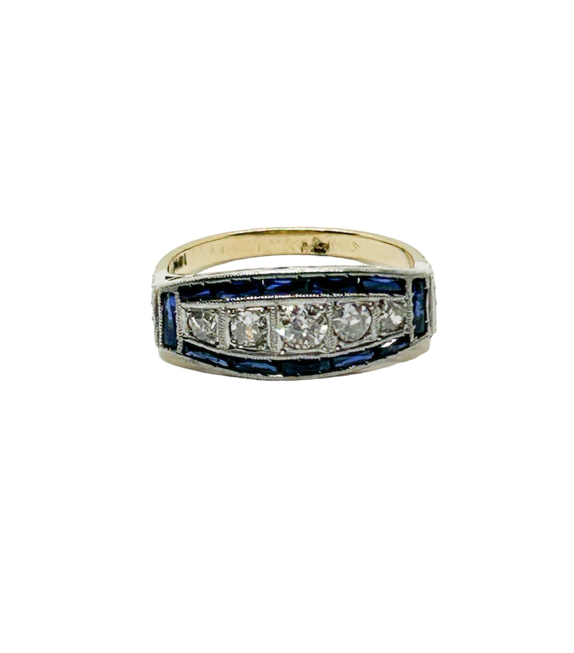 Diamond & Sapphire Ring Antique Edwardian 18k Yellow Gold Platinum Size 5.5