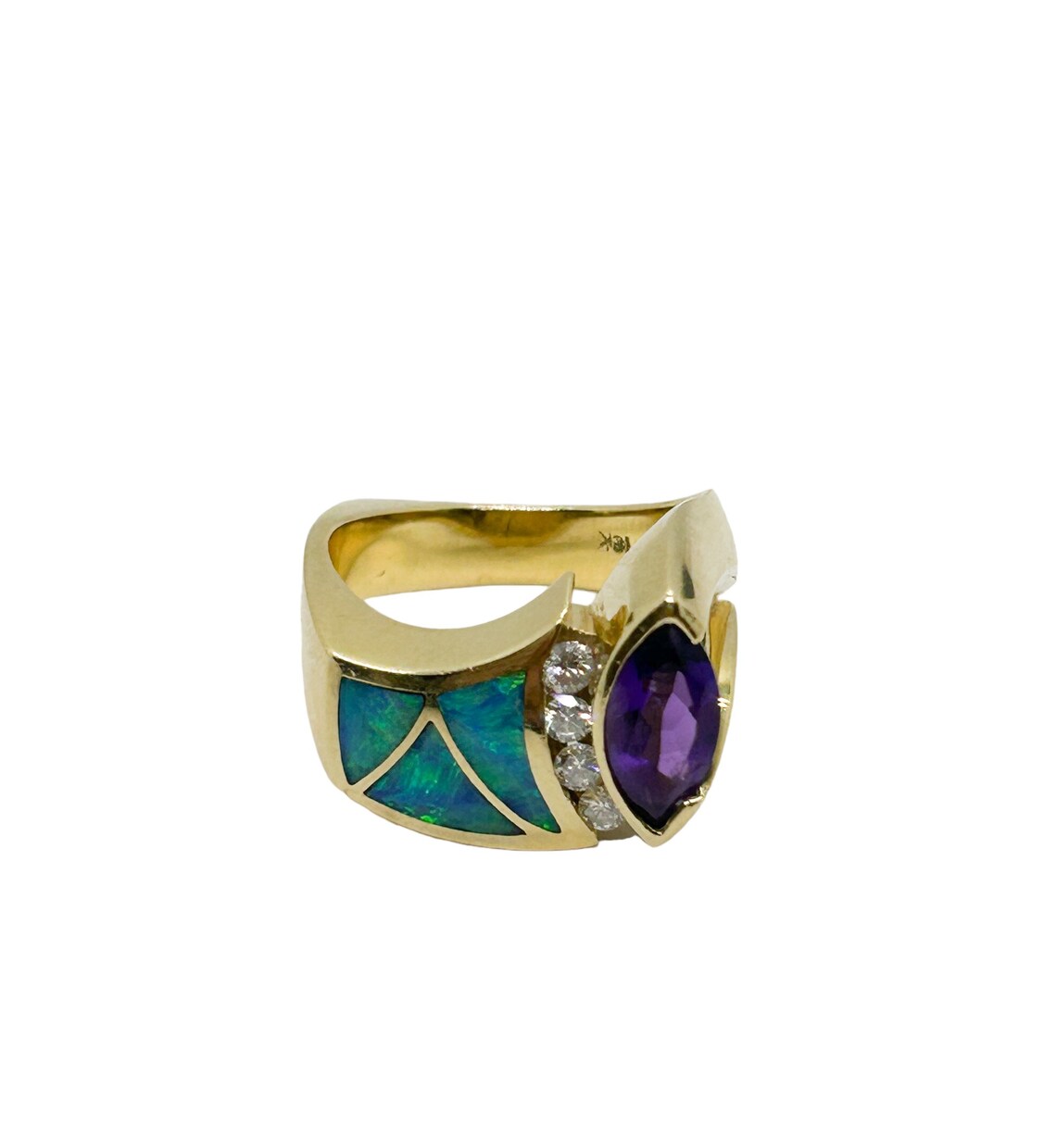 Opal Diamond Amethyst Ring B&H Artisan Modernist 18k Yellow Gold Size 7
