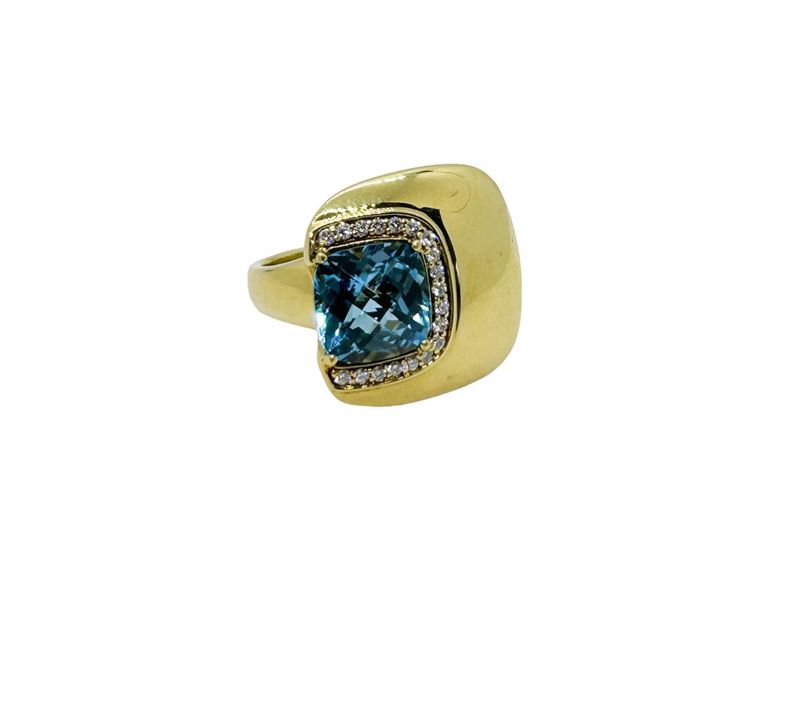 Kristina Blue Topaz Diamond Ring Cushion Cut 18k Yellow Gold Size 6.5