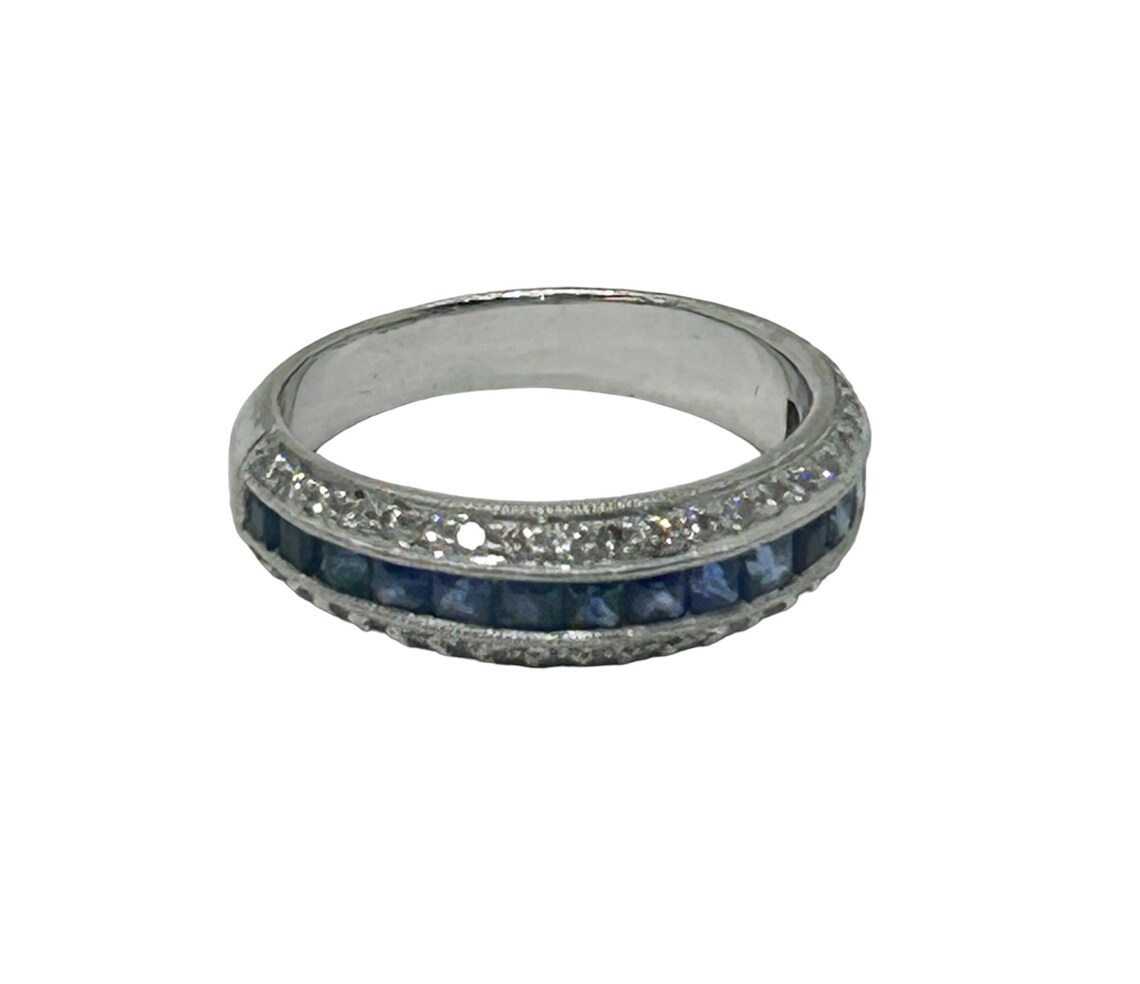 Blue Sapphire & Diamond Band Ring Platinum Size 6.25