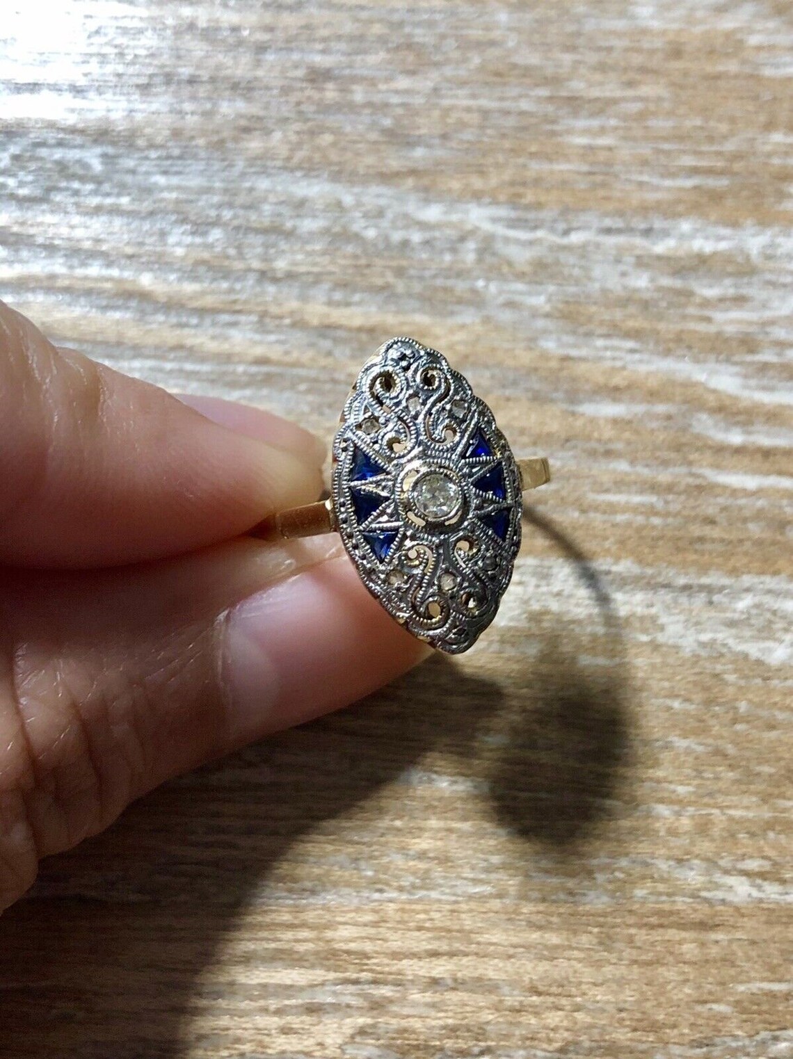 Vintage Edwardian 18k Yellow Gold and Platinum Ring with Diamonds and Sapphires