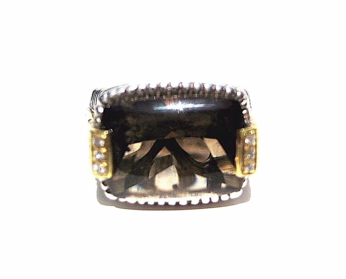Judith Ripka Smokey Topaz Ring Sterling Silver & 18K Yellow Gold Size 5.75