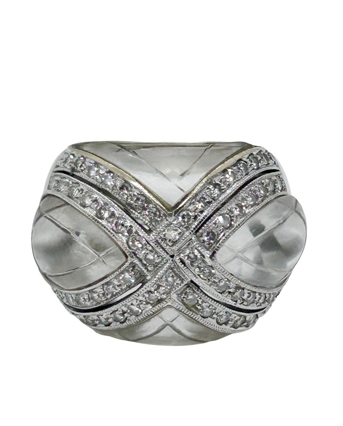 Diamond & Etched Rock Crystal Ring 18k White Gold Size 5.5