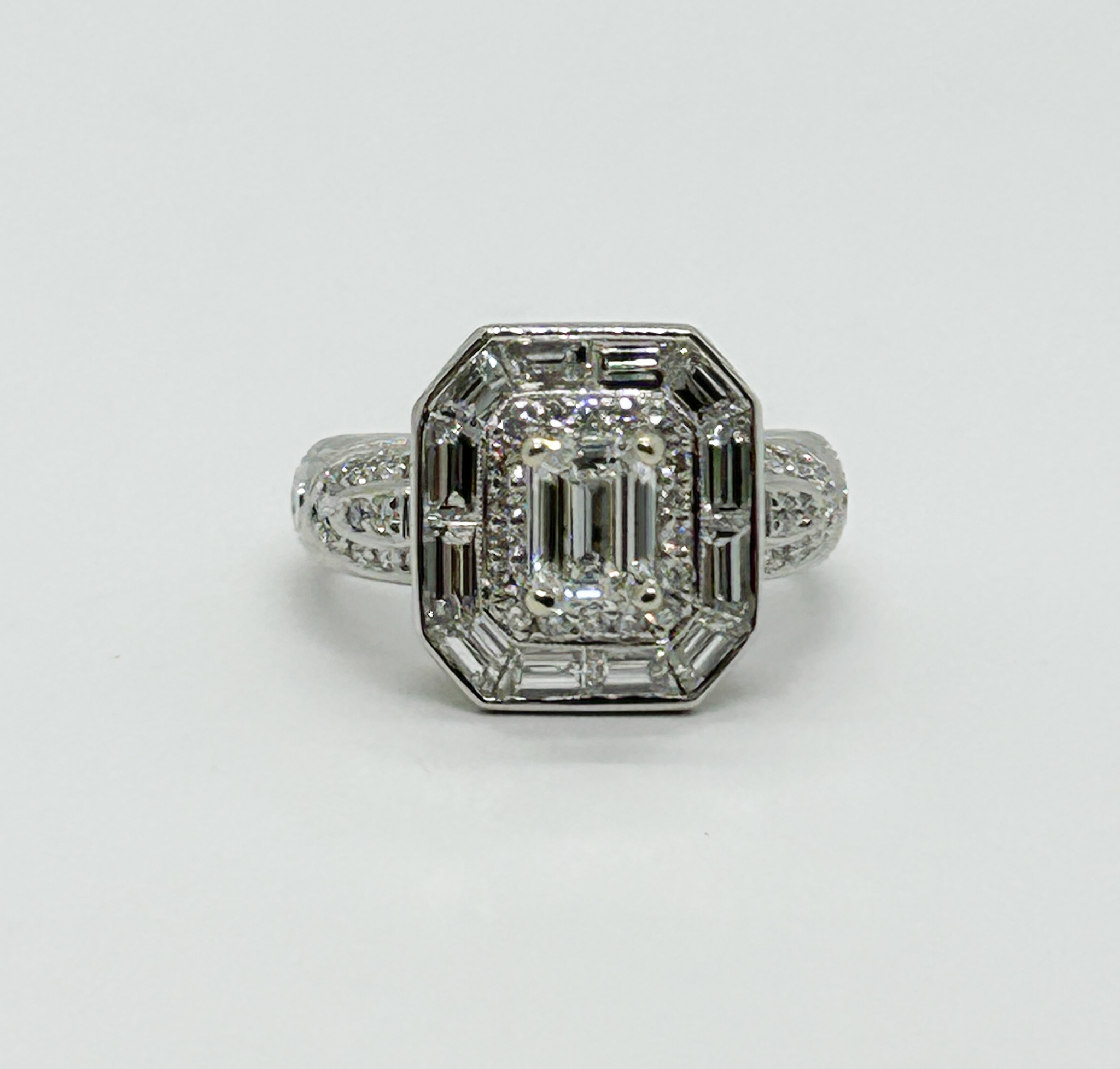 2 Ct Diamond Engagement Ring Emerald Cut Rectangle Halo 18k White Gold Size 6.5