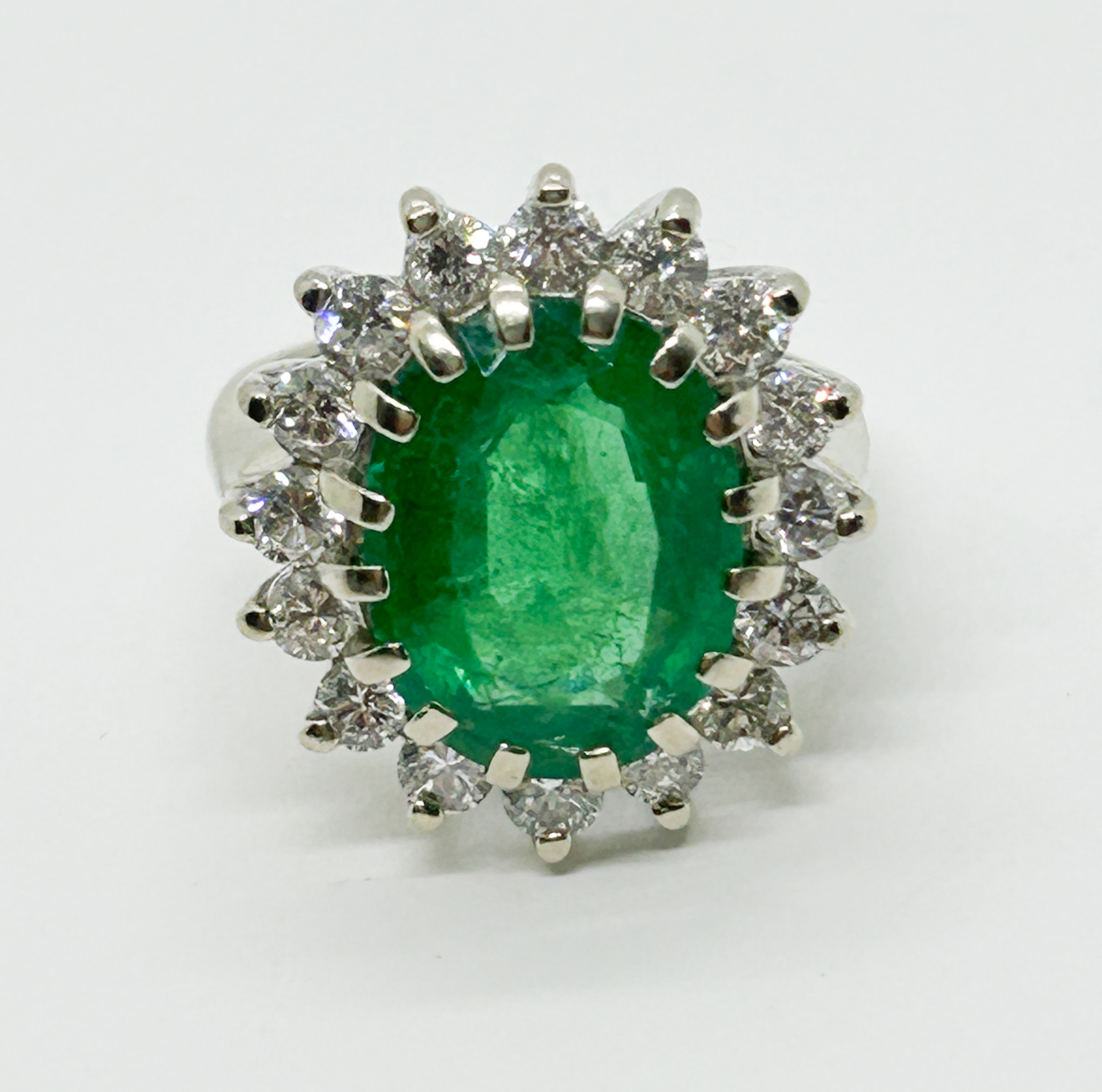 5 Carat Emerald Halo Ring 1.6 carat Diamonds 14k White Gold Size 7