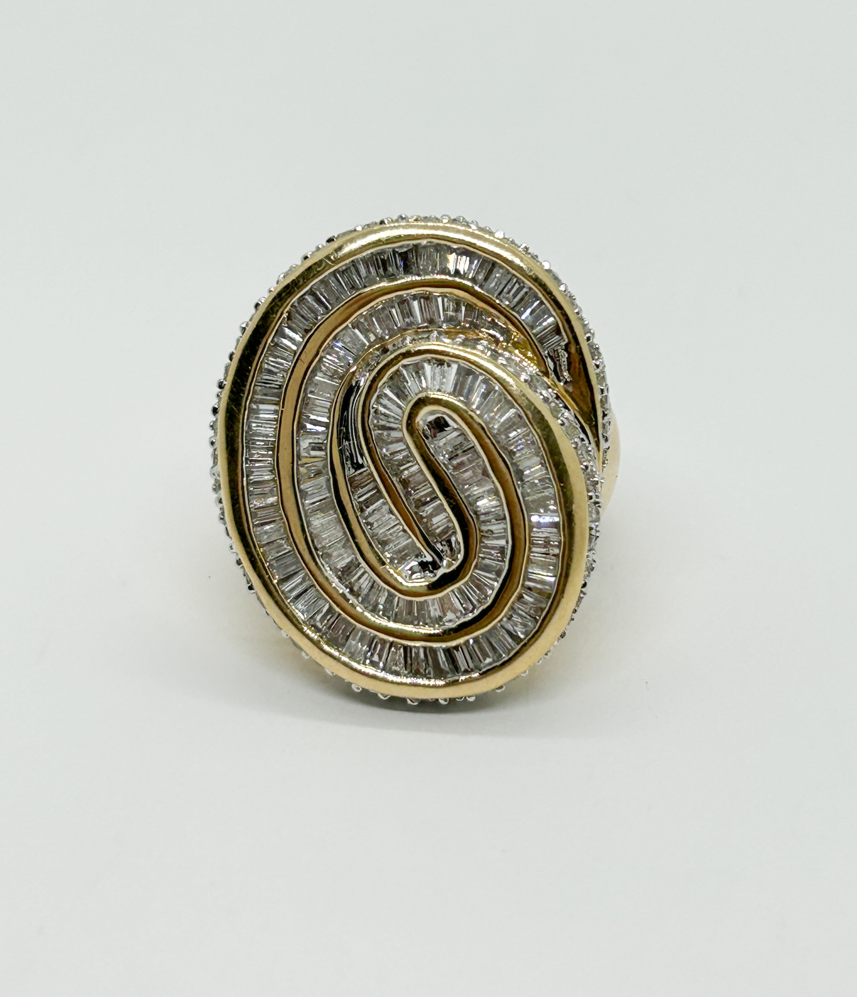 Diamond Cocktail Ring Pave & Baguette Swirl 4 Carats 14k Yellow Gold Size 8